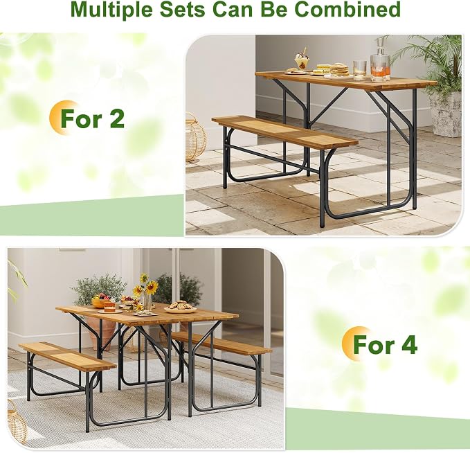 HAPPYGRILL Picnic Table Bench Set for 4, Acacia Wood Dining Table and Bench Set with Heavy Duty Metal Frame, for Patio, Porch, Garden and Backyard