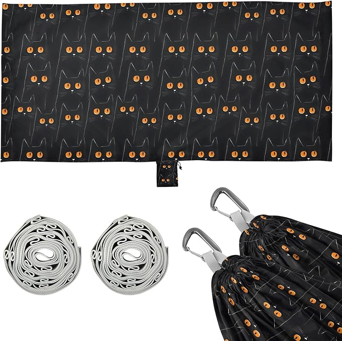 Camping Hammock Outdoor Hammocks for Outside Black Cat Orange Eyes Beach Trees Portable Lightweight with Pockets Tree Straps Indoor Small