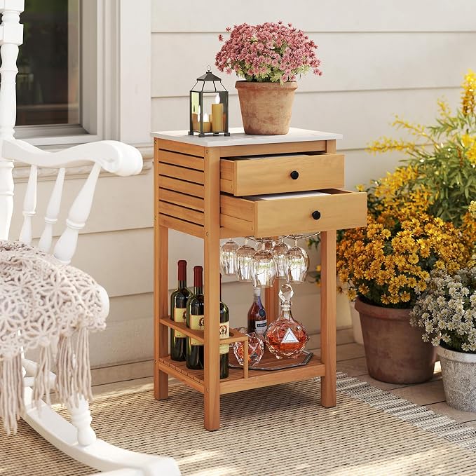 Goplus Outdoor Side Table, Acacia Wood Bar Table w/Marble-Like Countertop, 2 Storage Drawers, Bottom Shelf, Glass & Wine Holders, Small Buffet Sideboard for Patio, Backyard, Garden, Deck Corner