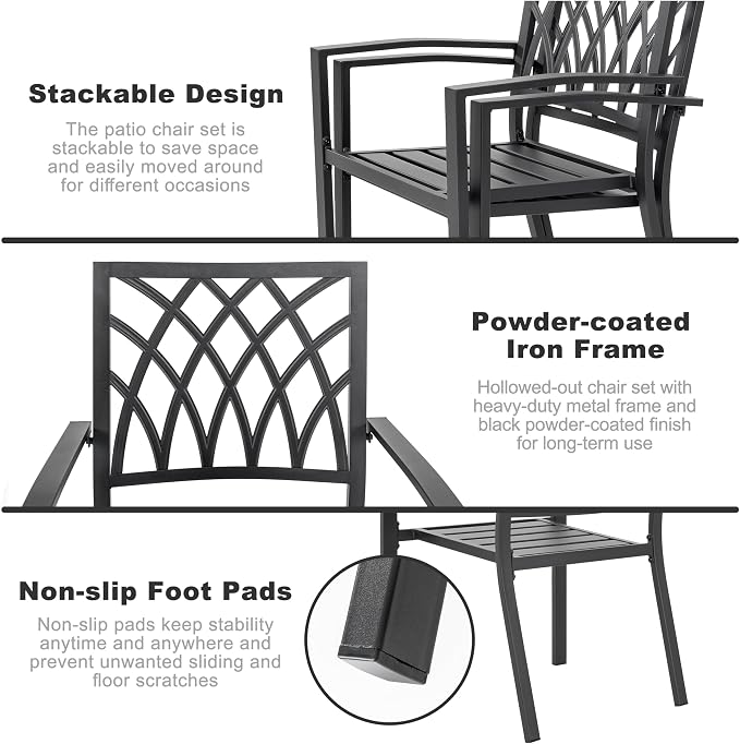 NUU GARDEN 7 Piece Outdoor Patio Dining Set, 6 Stackable Metal Patio Chairs and 61" x 37" Rectangular Patio Dining Table with 1.77" Umbrella Hole for Backyard, Patio, Garden, Black
