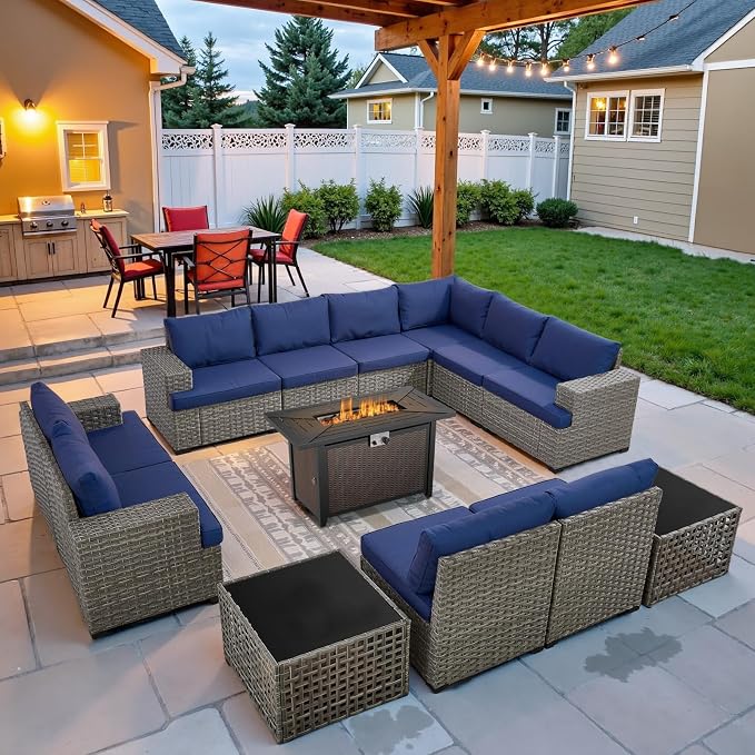 13 Piece Patio Furniture Set with 43" Propane Fire Pit Table, 10-Seater Modular Wicker Sectional Sofa with Swivel Rocker Patio Chairs for Deck Backyard or Outdoor Gatherings