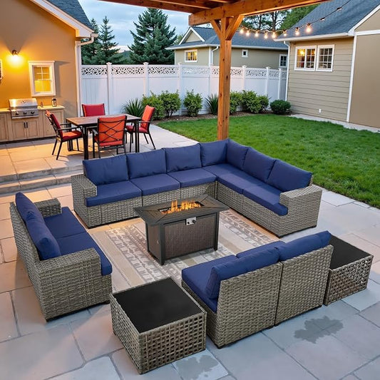 13 Piece Patio Furniture Set with 43" Propane Fire Pit Table, 10-Seater Modular Wicker Sectional Sofa with Swivel Rocker Patio Chairs for Deck Backyard or Outdoor Gatherings