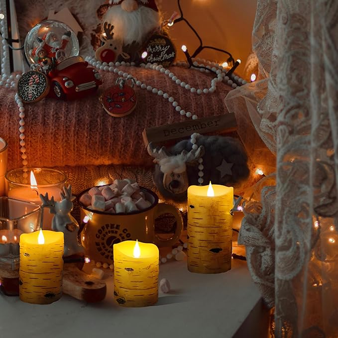NICEME LED Birch Bark Flameless Candles Set of 3 Real Wax Battery Operated Candles Flickering Teardrop Wick Electric Decorative Pillar Bark Candles with Remote Timer, D3 x H4 5" 6"