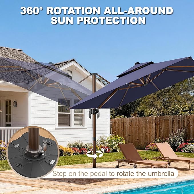 10x13FT Cantilever Outdoor Patio Umbrellas with Base, Double Top Wood Pattern Rectangle Umbrella, Heavy Duty 360°Rotation Offset Umbrella for Garden Deck Pool Patio, Navy Blue