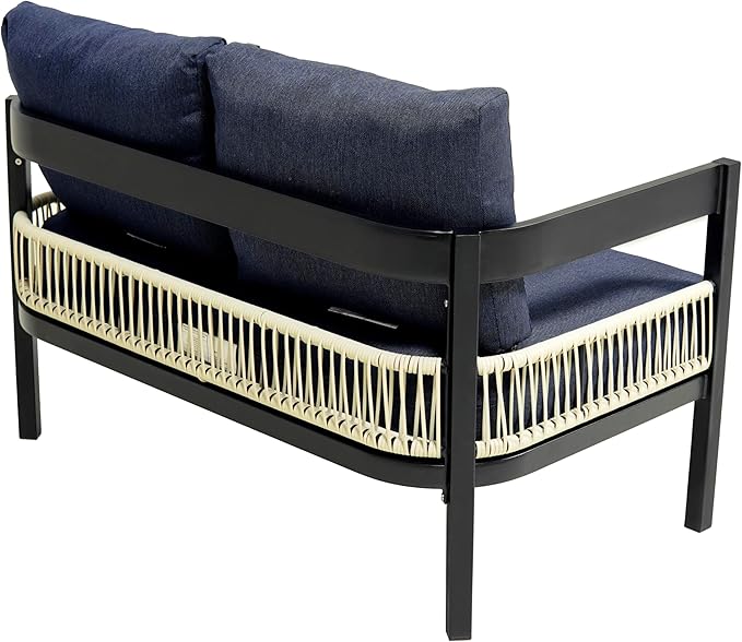 4-Pieces Outdoor Patio Sofa Set with Coffee Table, All-Weather Conversation Set with Thick Cushions and Pillows for Garden Backyard Balcony, Iron Frame&Wood Tabletop (Dark Blue-3.17)