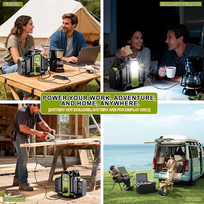 Power Inverter 2 Port for Ryobi 18V Battery, 350W Power Battery Inverter Pure Sine Wave, DC 18V to AC 120V and USB-A & USB-C Output Port for Camping, Jobsite, Emergency Backup (Tool Only)