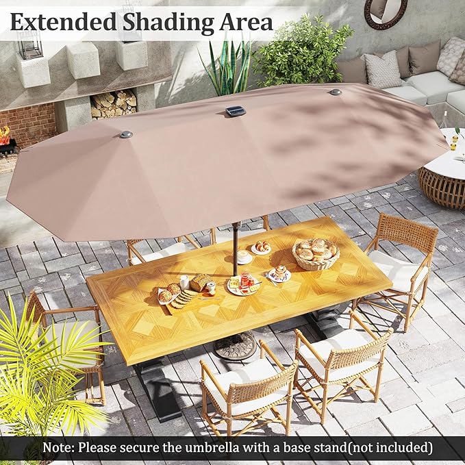 HAPPYGRILL 13 FT Double-sided Patio Umbrella with Solar Lights, Crank Handle & 12 Heavy-Duty Ribs, Outdoor Twin Size Oversized Rectangle Market Umbrella for Garden Deck Poolside