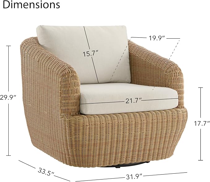 CHITA Patio Wicker 360° Swivel Chair with Removable Cushion, Backyard Rattan Chair for Sunrooms, Patios, Decks, Fully Assembled(Beige Cushions with Light Brown Wicker)