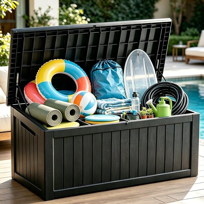 200 Gallon Outdoor Storage Deck Box, Large Storage Organizer for Patio Furniture Accessories, Garden Tools, Indoor Storage for Cushion, Black