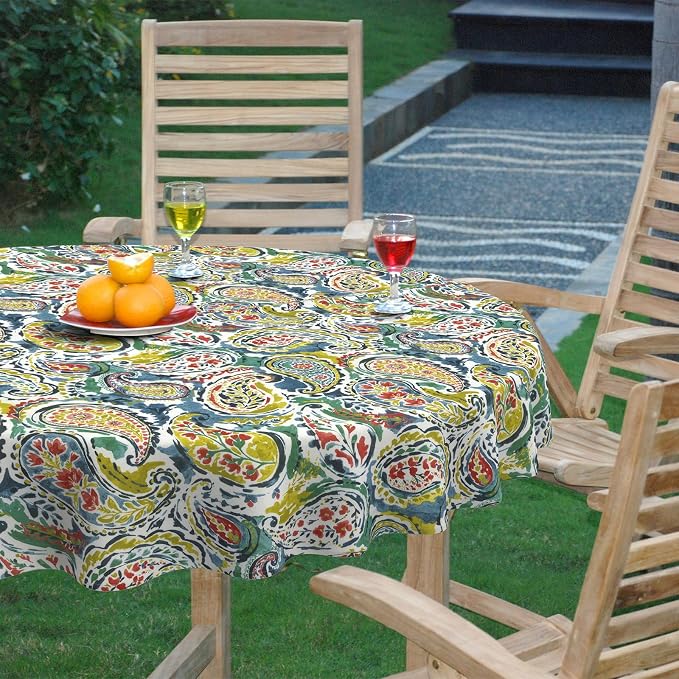 DYTXIII Outdoor Round Tablecloth with Umbrella Hole 60 Inch, Water Repellent & Fade Resistant Table Cover, All Weather Outdoor Tablecloth for Garden & Party Table, Paisley Paradise