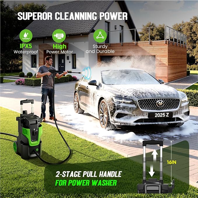 Heavy Duty MAX5000 PSI Pressure Washer, 3-Speed Adjustable Power Washer with 2-Stage Pull Rod, 4 Nozzles, Foam Cannon & 500ml Soap Bottle for Car, Home & Outdoor Cleaning,Green