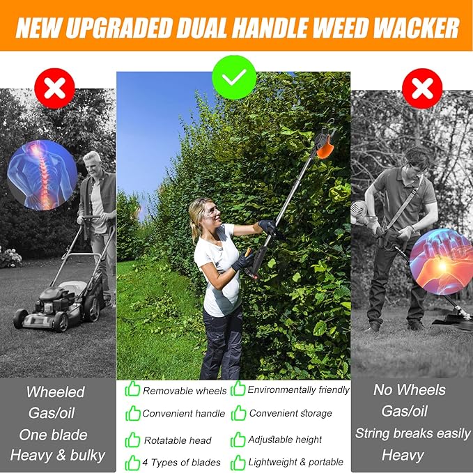 Weed Wacker Cordless Electric Weed Eater Battery Powered, Lightweight No-String Weed Trimmer with 2 Batterys & Wheels, 3 in 1 Stringless Grass Trimmer/Edger/Brush Cutter for Garden Yard Lawn