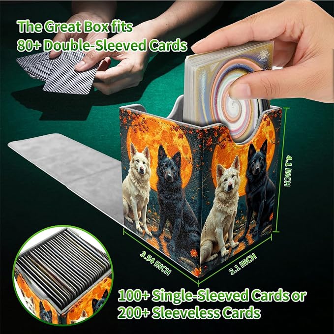 Black White Wolf Card Deck Box for MTG, Personalized Card Storage Case Fits 120+ Sleeved Cards, Premium Leather TCG Box with Strong Magnetic Closure for Magic, CCG, PTCG, Baseball Cards