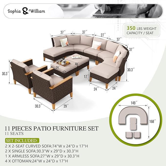 Sophia & William Outdoor Wicker Sectional Sofa Set, Half Moon Curved Patio Furniture Set with Ottman, High Back Patio Rattan Conversation Set for Porch, Backyard,Pool(Beige, 10 Piece)