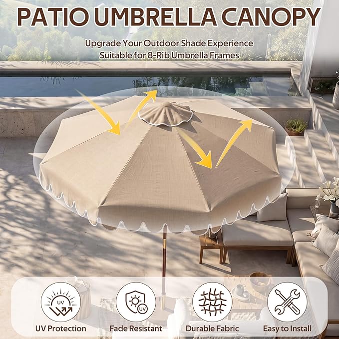 Scalloped Patio Umbrella Replacement Canopy Outdoor Boho Midcentury Market Umbrella Top Cover UV Protection for Patio Beach, Canopy Only