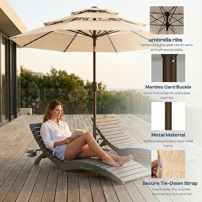 10ft Patio Umbrella, 3 Tier Outdoor Market Table Umbrellas with 8 Fiberglass Ribs and Push Button Tilt, Windproof, Vented Canopy, UV Protection for Deck, Pool, Backyard