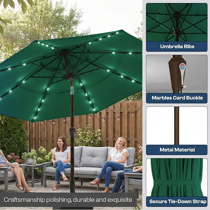 10ft 3-Tier Patio Umbrella with 32 Solar Powered LED Lights, Windproof Outdoor Market Umbrella for Deck, Poolside & Garden, Sturdy Push-Button Tilt Table Umbrella, Forest Green