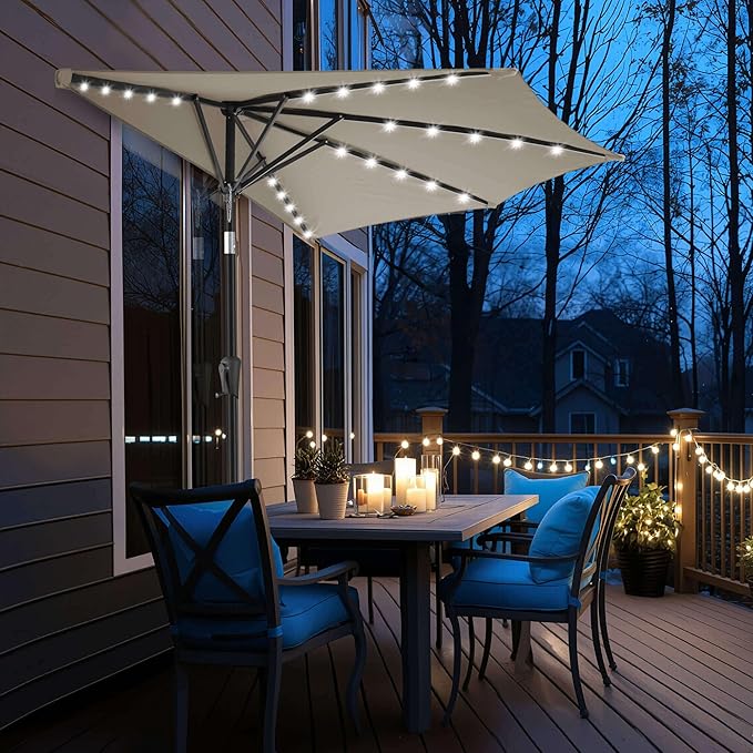 9ft Solar Half Umbrellas Outdoor - LED Half Patio Umbrella with 25 Lights, UV Protection Waterprool, Half Round Umbrella for Wall Balcony, Pool, Porch, Garden, Deck, Backyard, Taupe