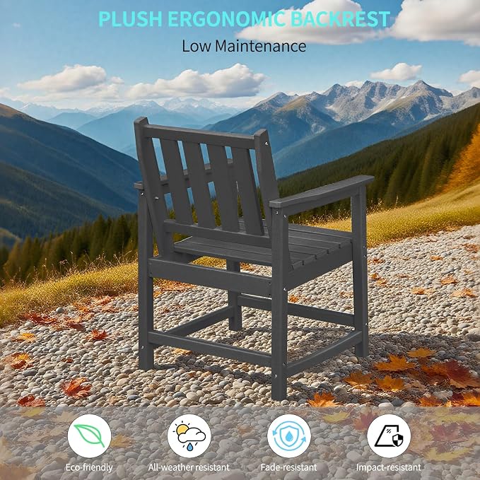 All-Weather Outdoor Chairs, 2-Piece Patio Dining Chairs with Backrest and Armrest, 300 lbs Support HDPE Dining Chair Furniture for Garden, Deck, Porch, Black