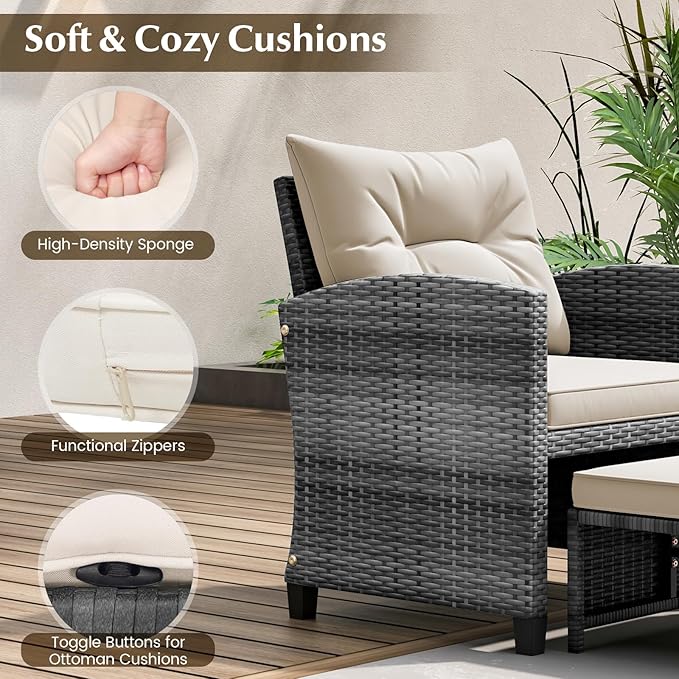 Tangkula 5 Pieces Patio Conversation Set, PE Wicker Rattan Outdoor Furniture Set with 2 Chairs, 2 Ottomans & Tempered Glass Coffee Table, Ideal for Poolside, Backyard, Lawn, Deck, Mix Grey & Off White
