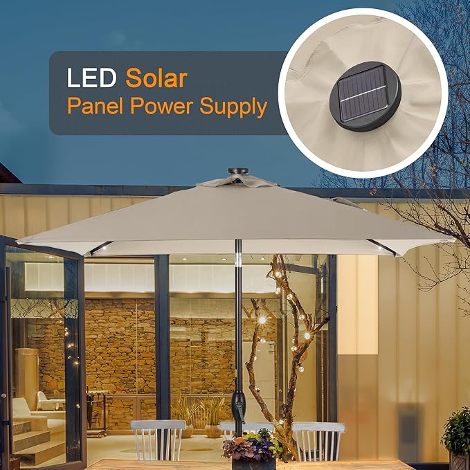Square Patio Umbrella With Solar Lights, 6.5x6.5ft Square Umbrella Outdoor Patio with Tilt and Crank for Pool, Deck, Garden,Backyard