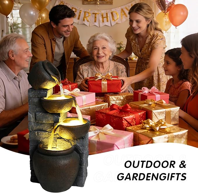 25.6" H Modern Clay Pot Outdoor Water Fountain with LED Lights and Pump, Floor Standing Waterfall Feature Outdoor Garden Fountain for Garden, Porch and Backyard Decor, Grey