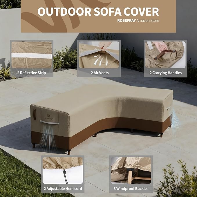 Rosefray 600D Outdoor V-Shaped Sectional Cover,Heavy Duty Anti UV Patio Sectional Sofa Cover with Air Vent, Waterproof Furniture Covers for Deck, Lawn,Backyard 100"x100" khaki brown