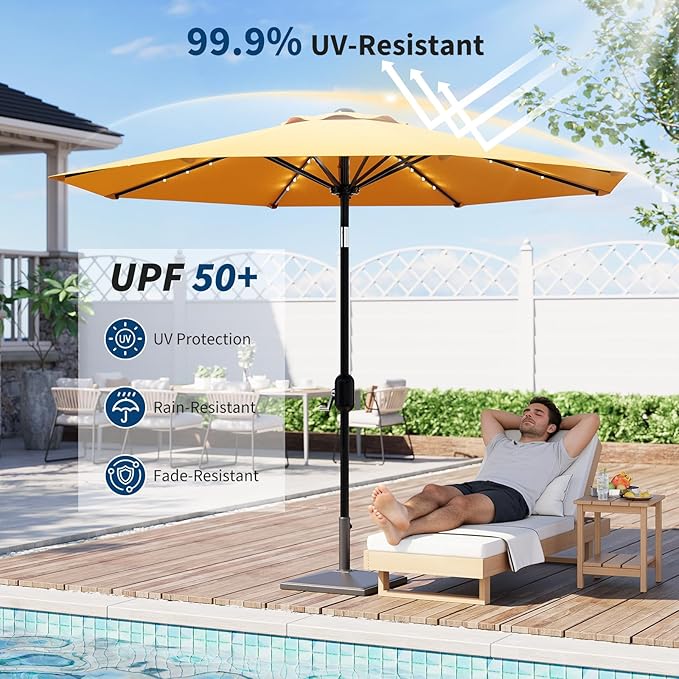 Garvee 9/10 FT Solar Patio Umbrella with 32 LED Lights - Outdoor Table Umbrella with Crank Lift, Push Button Tilt and 8 Sturdy Ribs - Market Umbrella UV Protection for Pool, Deck, Yard, Garden