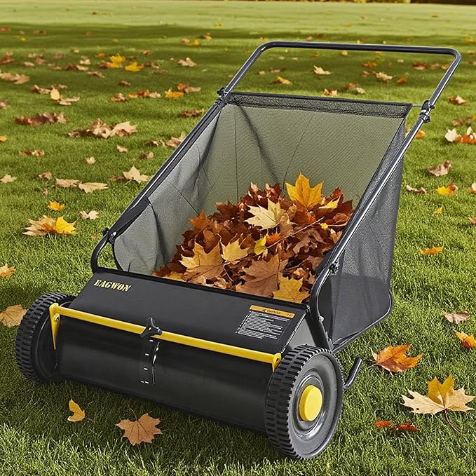 Push Lawn Sweeper, 26-Inch Width, 7 Cu. Ft. Hopper Capacity, 4 Spinning Brushes, Adjustable Height, Durable Steel Frame with Rubber Wheels,Yellow&Black