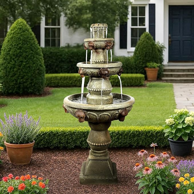 watnature 44.8" H 4-Tiered Bird Bath Water Fountain, Fiber Reinforced Concrete Outdoor Floor Standing Fountain with Adjustable Flow Pump, Classic Garden Waterfall for Patio, Lawn, Porch (Stone Gray)