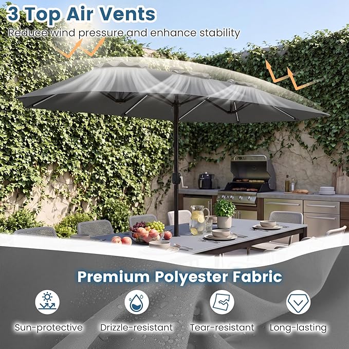 Tangkula 13 Ft Solar Patio Umbrella, Double-Sided Extra Large Outdoor Market Table Umbrella with Multi-Colored Flowing LED Lights, Crank Handle, 12 Sturdy Ribs for Poolside, Garden & Backyard (Gray)