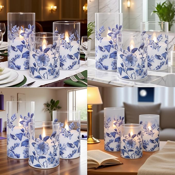Flameless Candles Glass with Remote Control & Timer Function, Blue and White Porcelain Theme Design, Home Party Wedding Christmas Valentine's Day Decor, Set of 3