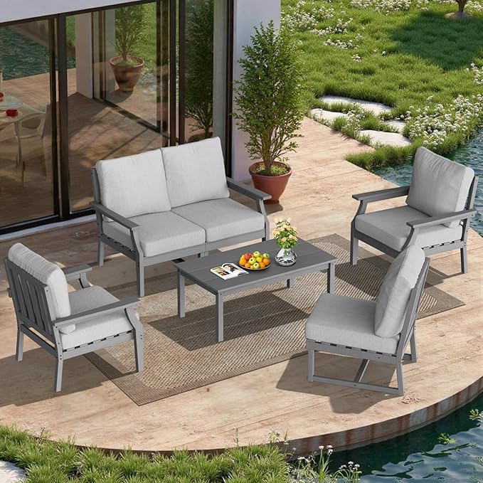 HDPE Patio Conversation Set, 6-Piece All Weather Outdoor Furniture Set with 2 Single Armchairs for Deck, Lawn, with Cushion, Gray