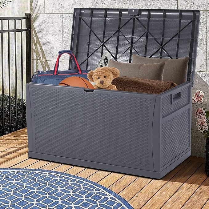 Crownland 120 Gallon Outdoor Patio Storage Deck Box Backyard Resin Container Weatherproof Box Patio Garden Furniture Storage Boxes All Weather Using,Gray, Grey