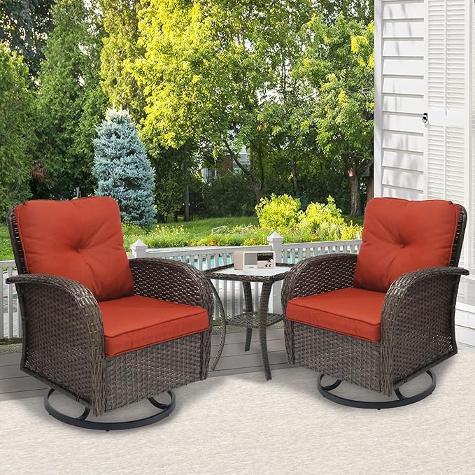 SHGJ&SOFT 3 Piece Patio Furniture Set, 2 Outdoor Swivel Rocking Chairs with Side Table, Wicker Glider Chairs, All-Weather Rattan Bistro Set for Porch, Deck, Pool (Red, Brown Full-Weave Rattan)