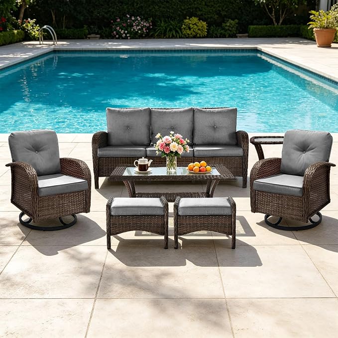 All Weather Patio Furniture Set, High Back Swivel Rocker Glider Chairs，Ottomans & Glass Tables, Outdoor Conversation Set for Deck Porch Yard Poolside (Grey, 7PCS-Sofa&Swivel Chairs&Ottomans&Tables)