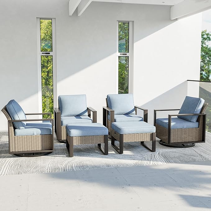 Outdoor Patio Furniture Set, 6 Piece Wicker Patio Conversation with Deep Seating, Thicken Cushions, Outdoor Swivel Rocker Patio Chairs, Metal Outdoor Furniture for Deck, Porch, Yard Use