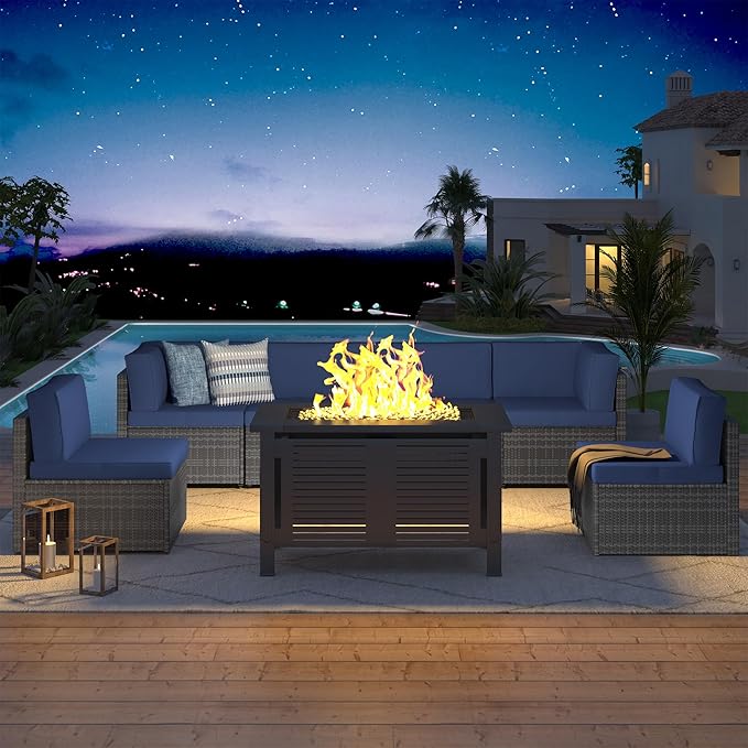 U-MAX 7 Piece Outdoor Patio Furniture Set with 43 Inch Fire Pit Table, PE Rattan Wicker Sofa Set, Outdoor Sectional Furniture Chair Set with Cushions and Tea Table, Grey Rattan&Dark Blue Cushion