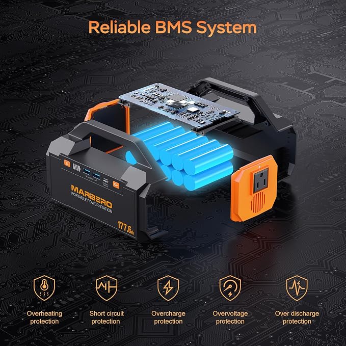 MARBERO Portable Power Station 177.6Wh Power Bank 150W Max Outdoor Camping Battery with LED Flashlight Fast Charger for Outdoor Adventure Hunting CPAP Home Backup Business Trips Emergencies