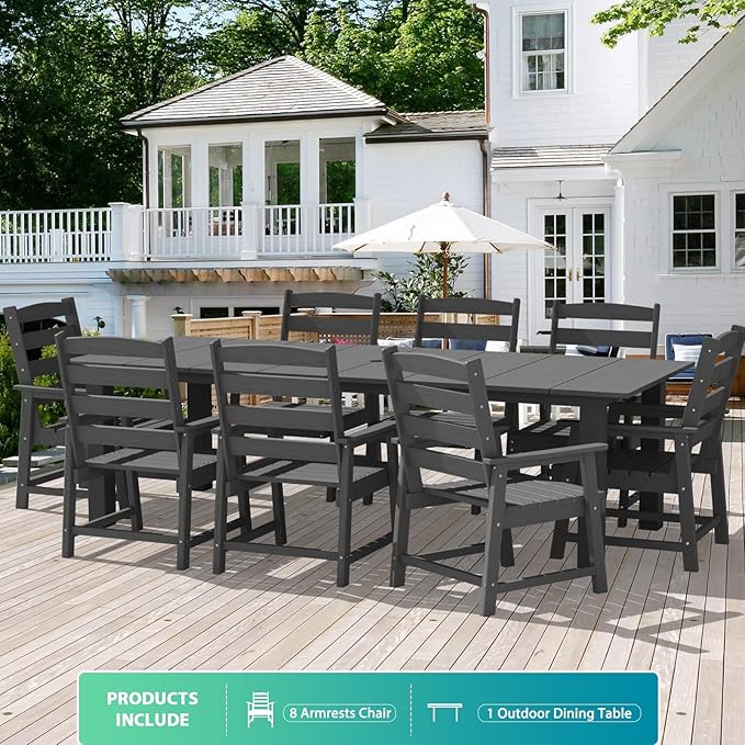 LOUNZY 9 Pieces Patio Dining Sets, 90'' Table Outdoor HDPE Furniture Set w/ 2" Hole Cut-Out Dining Table with 8 Patio Chairs for Lawn, Pool and Yard, Gray
