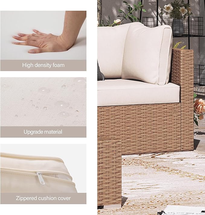 LAUSAINT HOME Outdoor Patio Furniture, 7 Piece Patio Furniture Set PE Rattan Sectional Conversation Sets with Thick Cushions & Wood-Like Coffee Table for Garden, Porch(Beige/Brown Wicker)