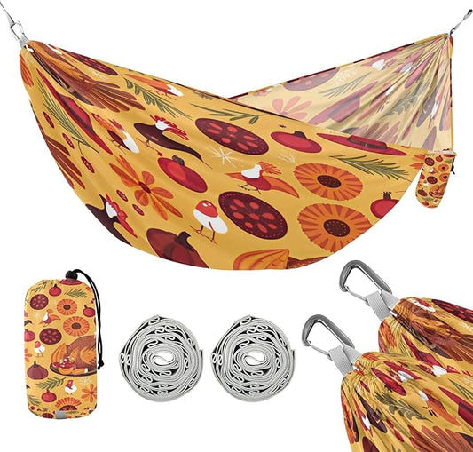 Thanksgiving Turkey Camping Hammock, Portable Lightweight Single Hammock with Tree Straps and Aluminum Carabiners, 114" x 54" Travel Hammock for Hiking Backpacking Beach
