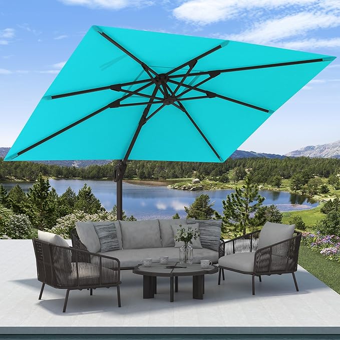 9' X 12' Cantilever Patio Umbrella Rectangular Outdoor Large Offset Umbrellas with 7 Tilts Adjustable 360°Rotation for Deck Pool Garden Backyard, Turquoise