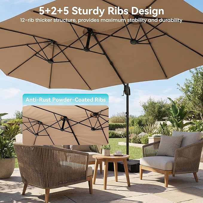 COSIEST 8 * 13FT Cantilever Patio Umbrella with Base,Large Rectangle Offset Umbrella，Heavy Duty Double-Sided Table Market Umbrella for Garden, Pool, Deck Shade, Khaki