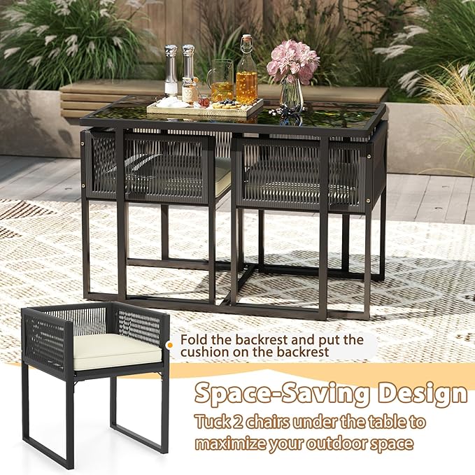 Tangkula 3 Pieces Patio Dining Set, Outdoor Space-Saving PE Wicker Bistro Set with Cushions, Patio Tempered Glass Top Table and Chairs Set for Porch, Garden and Backyard