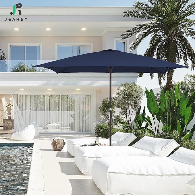 JEAREY 8x10 ft Rectangular Patio Umbrellas Outdoor Table Market Umbrella w/Crank, 8 Sturdy Ribs, UV Protection Windproof Sunproof for Garden, Deck, Backyard, Pool(Navy Blue)