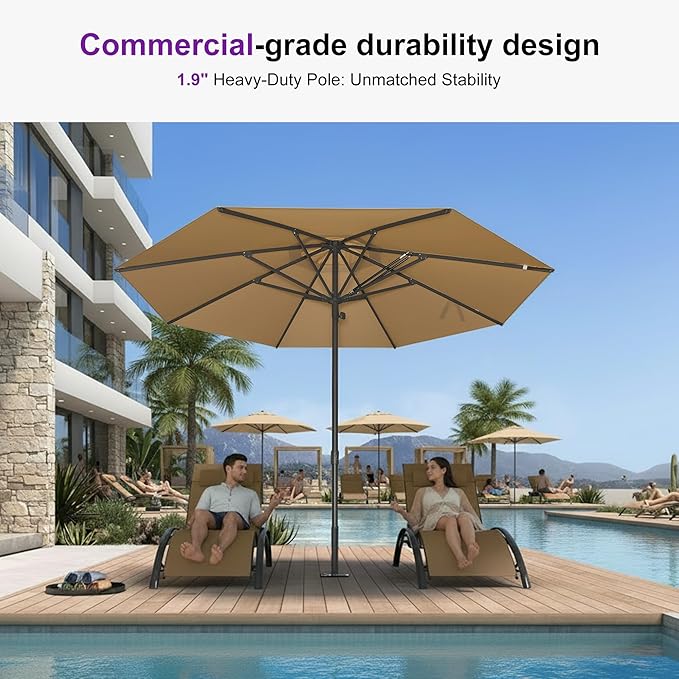 PURPLE LEAF 11Ft Round Semi-Auto Outdoor Patio Umbrella Aluminium Market Umbrella Table Sun Umbrella with 1.89" Rod and 8 Sturdy Ribs for Deck Lawn Pool Garden, Beige