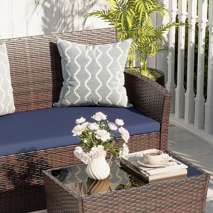 4 Piece Outdoor Patio Furniture Set, All-Weather Wicker Conversation Sets Include Coffee Table, Armchair, Loveseat, Sectional Furniture for Indoor Outdoor Backyard Pool Garden (Brown & Blue)