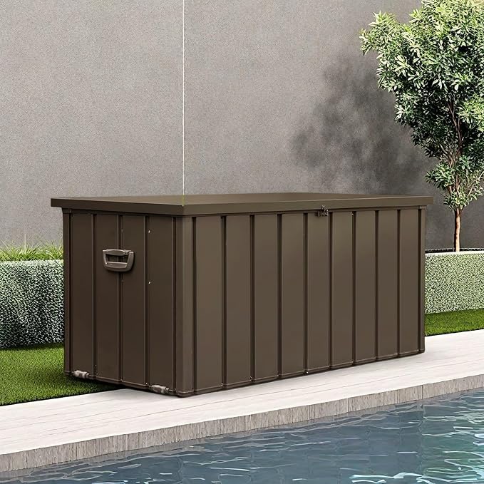 ChicFurnit Outdoor Storage Box, 100 Gallon Deck Box with Lockable Metal Lid & Portable Side Handles, Outdoor Storage Bin with Stable Support Rod, Soft Close Mechanism & Mobility Rollers, Dark Brown