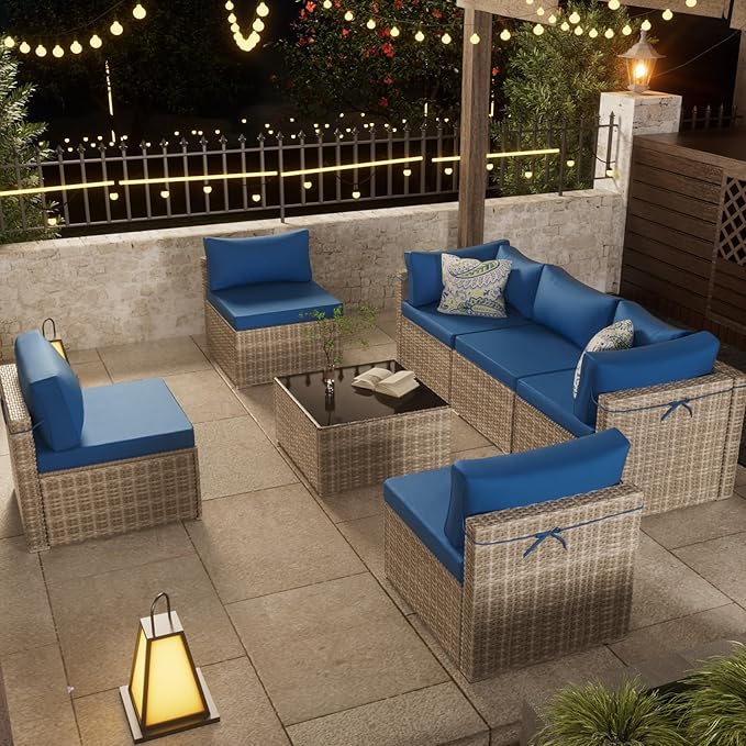 7-Piece Gray Rattan Patio Furniture Sets, Outdoor Conversation Sofa Sets with Water Resistant Blue Cushions & Tempered Glass Coffee Table, Modular Outdoor Sectional Sofa Sets with 2 Pillows